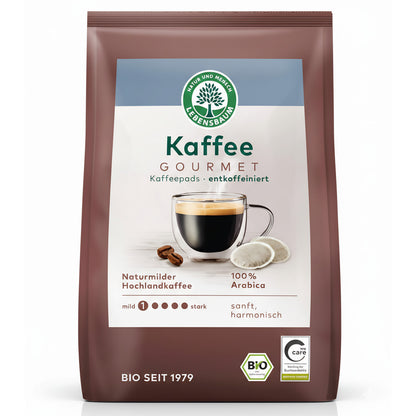 Bio Kaffee von Lebensbaum, entkoffeiniert, für Frühstück, zeigt eine Packung mit 126g, ideal für einen aromatischen Start in den Tag