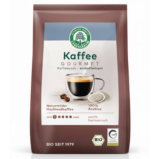 Bio Kaffee von Lebensbaum, entkoffeiniert, für Frühstück, zeigt eine Packung mit 126g, ideal für einen aromatischen Start in den Tag