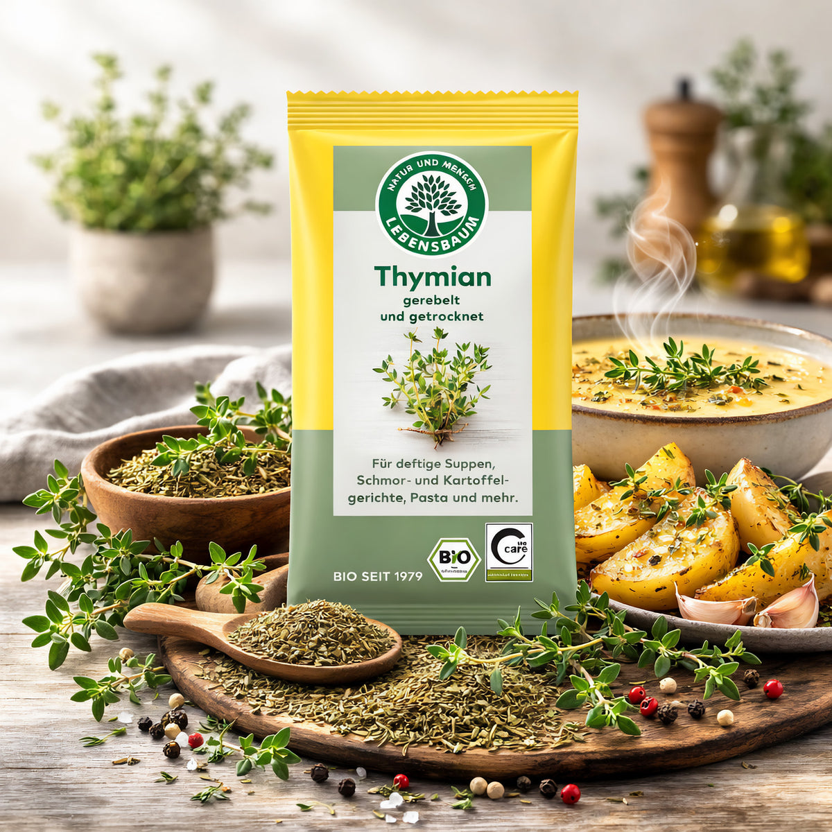 Lebensbaum Bio Thymian gerebelt, 20g, in einer transparenten Verpackung, ideal zum Kochen und Würzen.