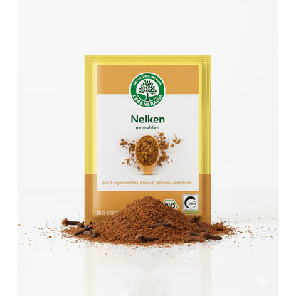 Gemahlene Bio Nelken von Lebensbaum, ideal zum Kochen, in einer 10g Packung, zeigt die Gewürznelken in einer Schale