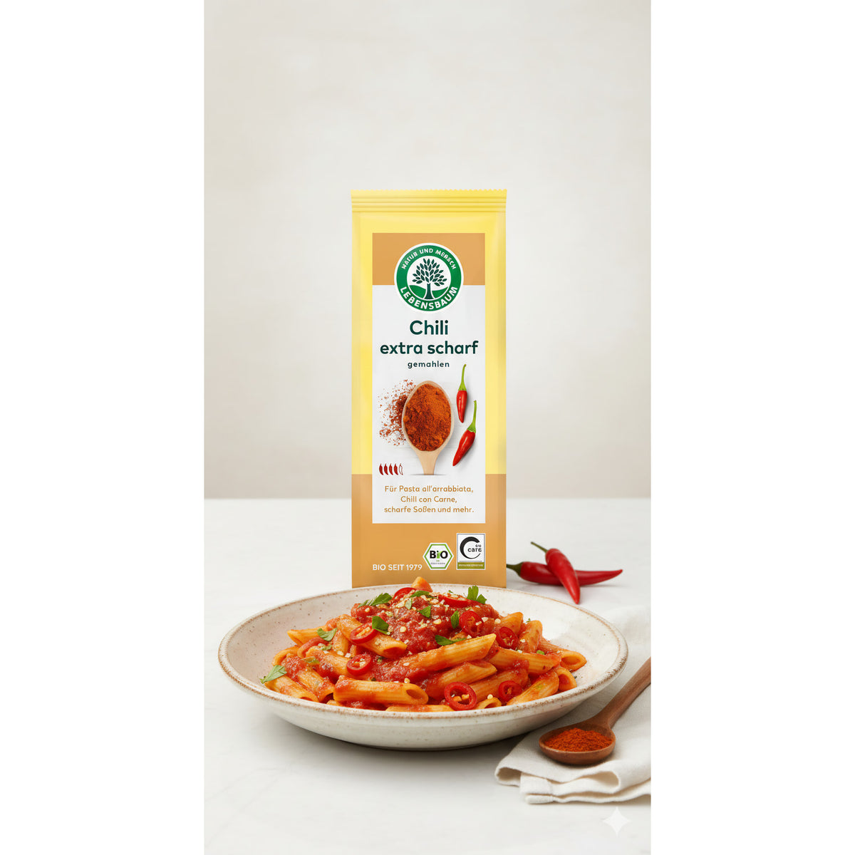 Gemahlene Bio Chili von Lebensbaum, extra scharf, ideal zum Kochen, in einer 50g Verpackung auf einem Küchenhintergrund.