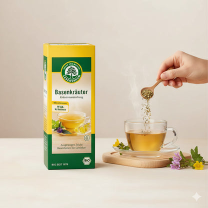 Lebensbaum Bio Basenkräuter Kräutertee-Mischung mit Wildkräutern, Frühstückstee, 60g in einer Tasse mit Kräutern und Teeblättern