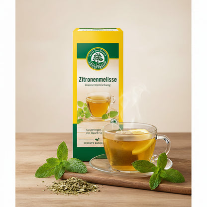 Frühstücks-Tee mit Bio-Zitronenmelisse von Lebensbaum, 30g, frische Zitronenmelissenblätter in einer Verpackung.