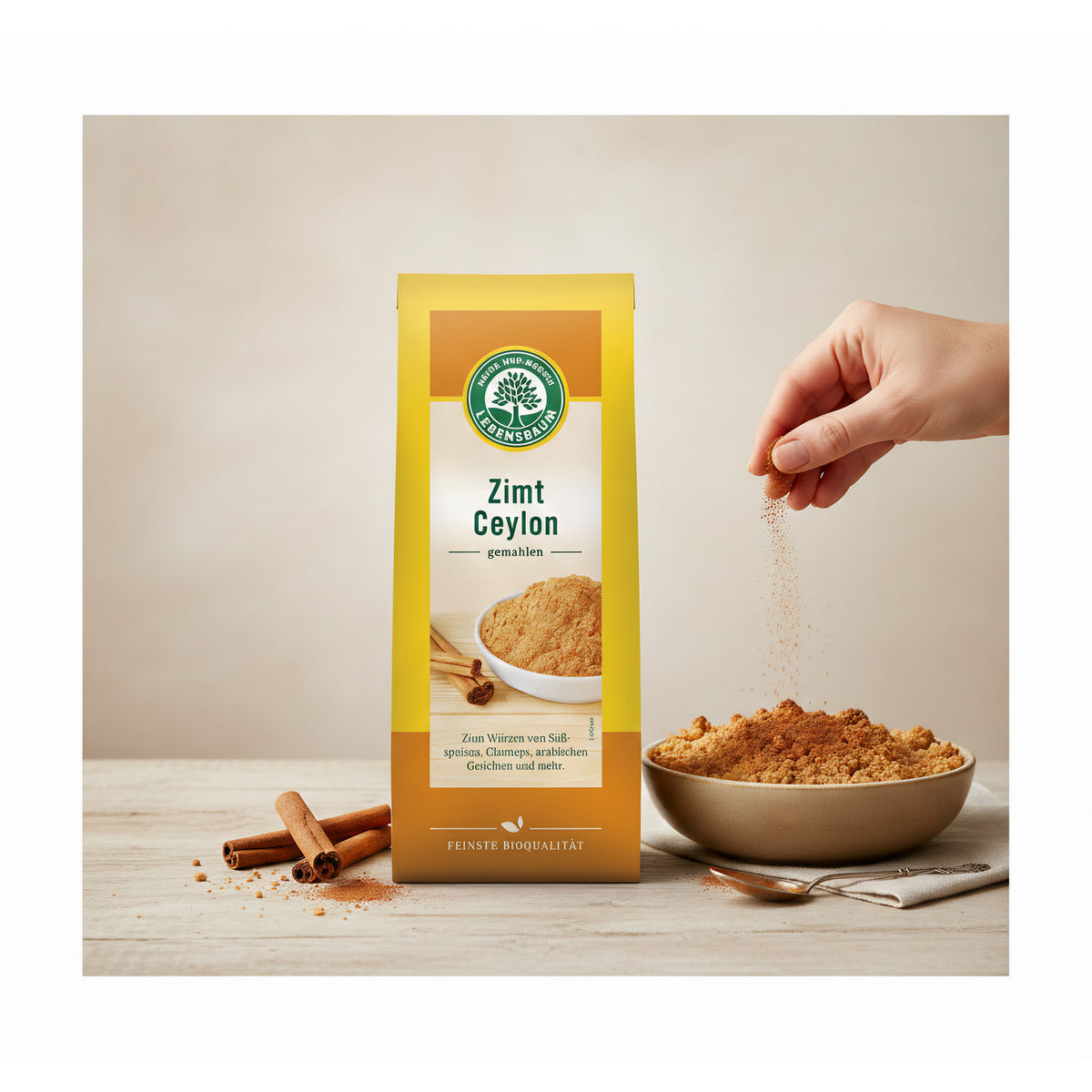 Gemahlenes Bio Zimt Ceylon von Lebensbaum, Gewürz für Backen und Kochen, in 50g Packung, Nahaufnahme des Gewürzes