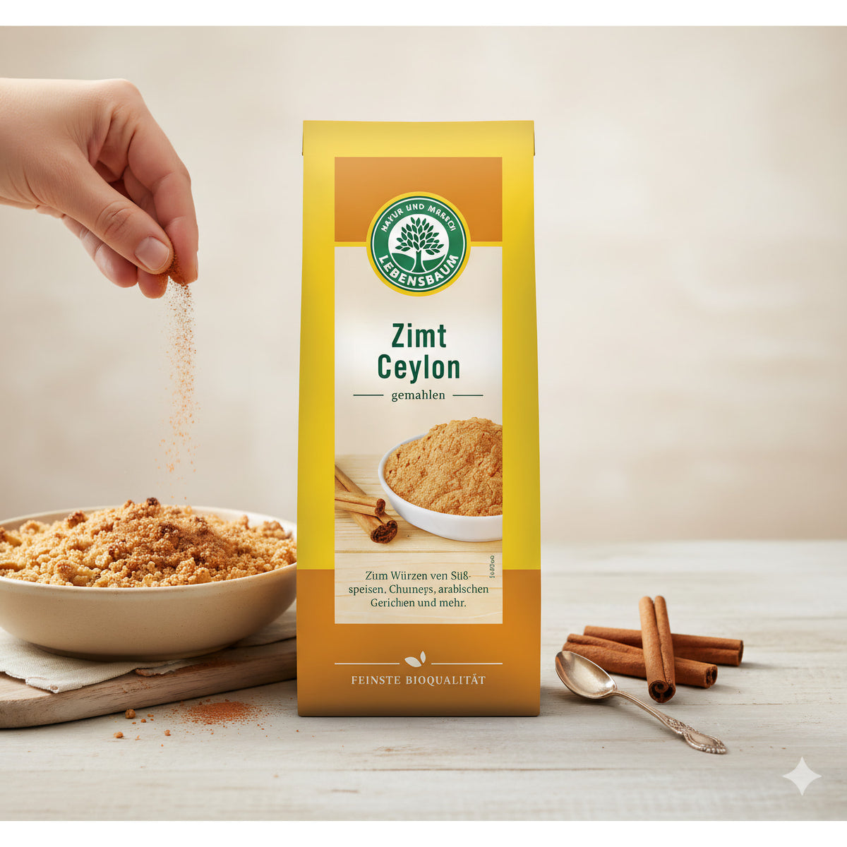 Gemahlener Ceylon-Zimt von Lebensbaum, Bio-Qualität, in einer transparenten Gewürzverpackung, ideal für Backen und Kochen