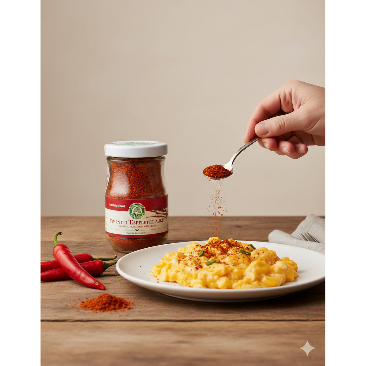 Lebensbaum Piment d'Espelette A.O.P., französischer Chili-Gewürz, in einer transparenten Gewürzdose, Nahaufnahme
