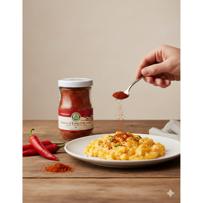 Lebensbaum Piment d'Espelette A.O.P., französischer Chili-Gewürz, in einer transparenten Gewürzdose, Nahaufnahme