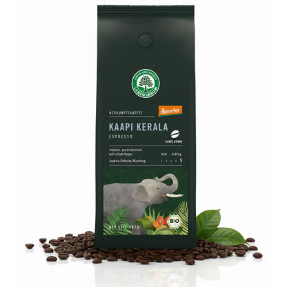 Lebensbaum Bio Espresso Kaapi Kerala, Demeter, 3x250g, im Frühstücksbecher mit frisch gemahlenen Kaffeebohnen