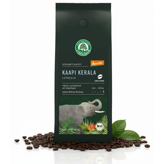 Lebensbaum Bio Espresso Kaapi Kerala, Demeter, 3x250g, im Frühstücksbecher mit frisch gemahlenen Kaffeebohnen