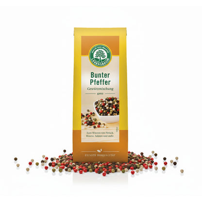 Bunter Lebensbaum Bio Pfeffer Mix ganz in einer Gewürzschale, biologische Gewürze für Kochen und Würzen