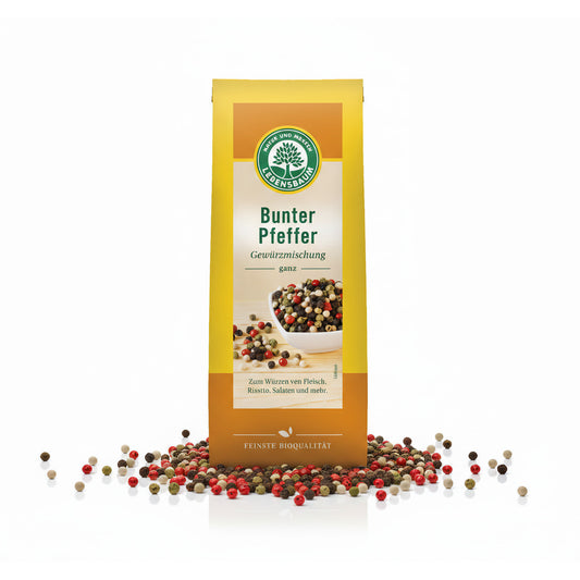 Bunter Lebensbaum Bio Pfeffer Mix ganz in einer Gewürzschale, biologische Gewürze für Kochen und Würzen
