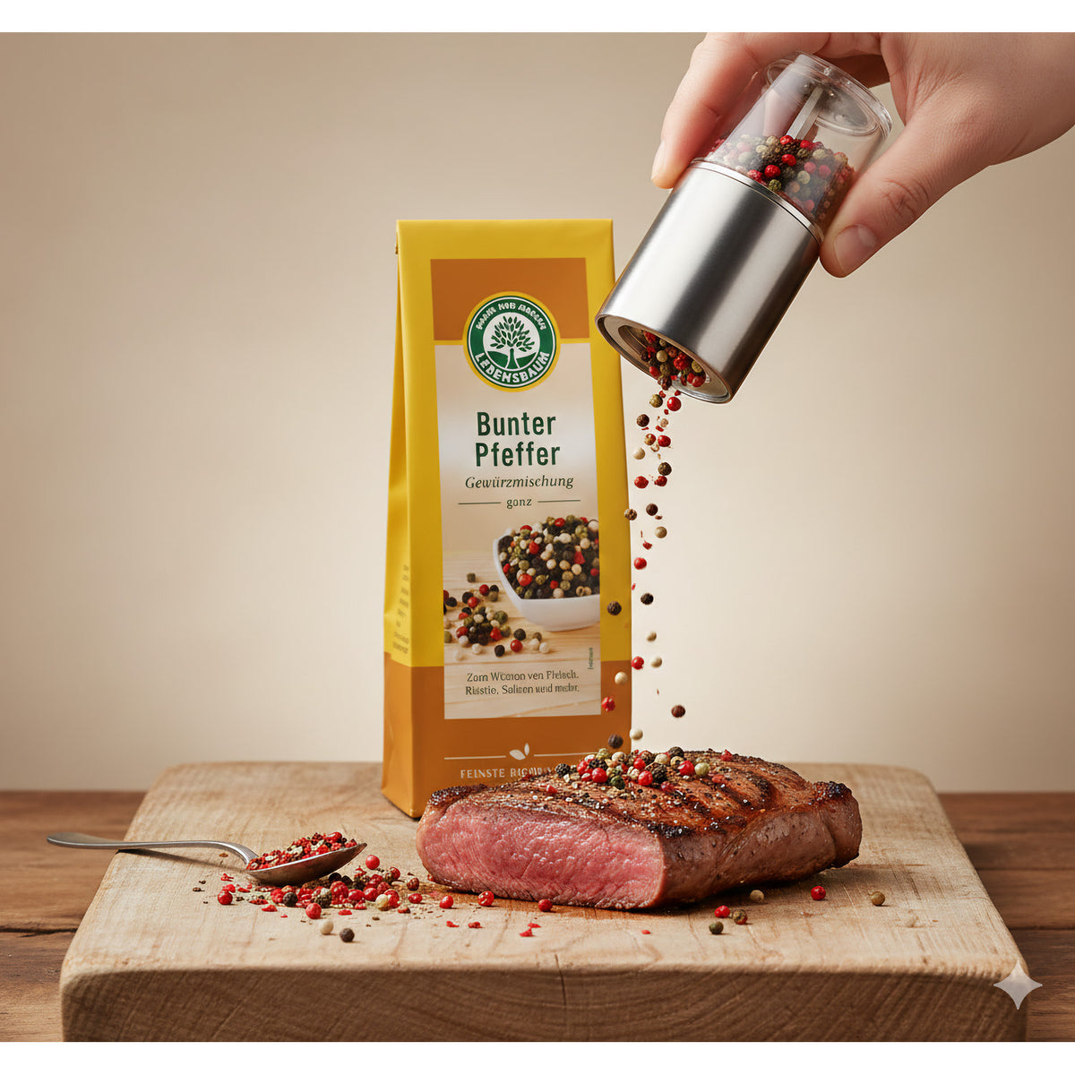 Bunter Bio-Pfeffer-Mix von Lebensbaum, ganz, in einem Glasbehälter, ideal für Gewürze in der Küche