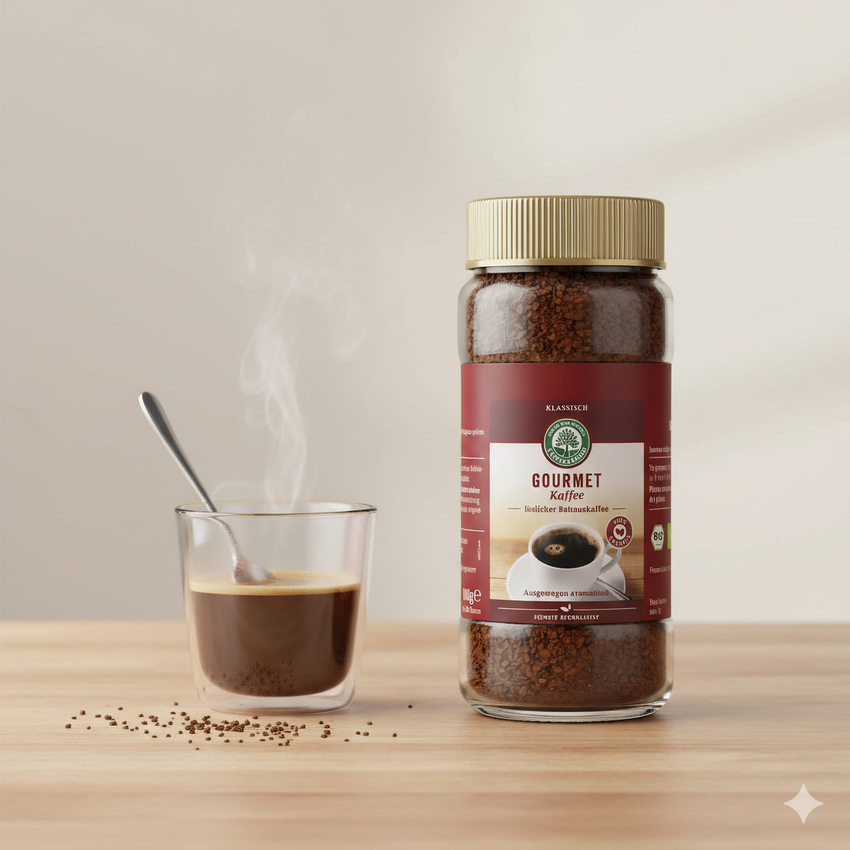 Drei Packungen Lebensbaum Bio Gourmet Kaffee Instant, Frühstück, 3 x 100g, mit Kaffee-Gläsern und Tassen auf weißem Hintergrund