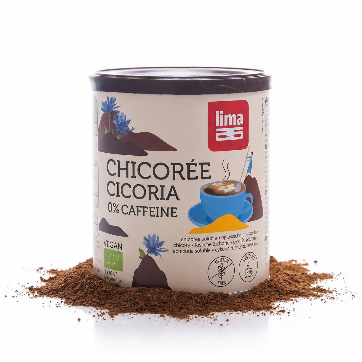 Lima Chichoreé Cicoria Instant Frühstück, 100g, mit cremiger Textur und brauner Farbe, in einer Packung auf einem Frühstückstisch.