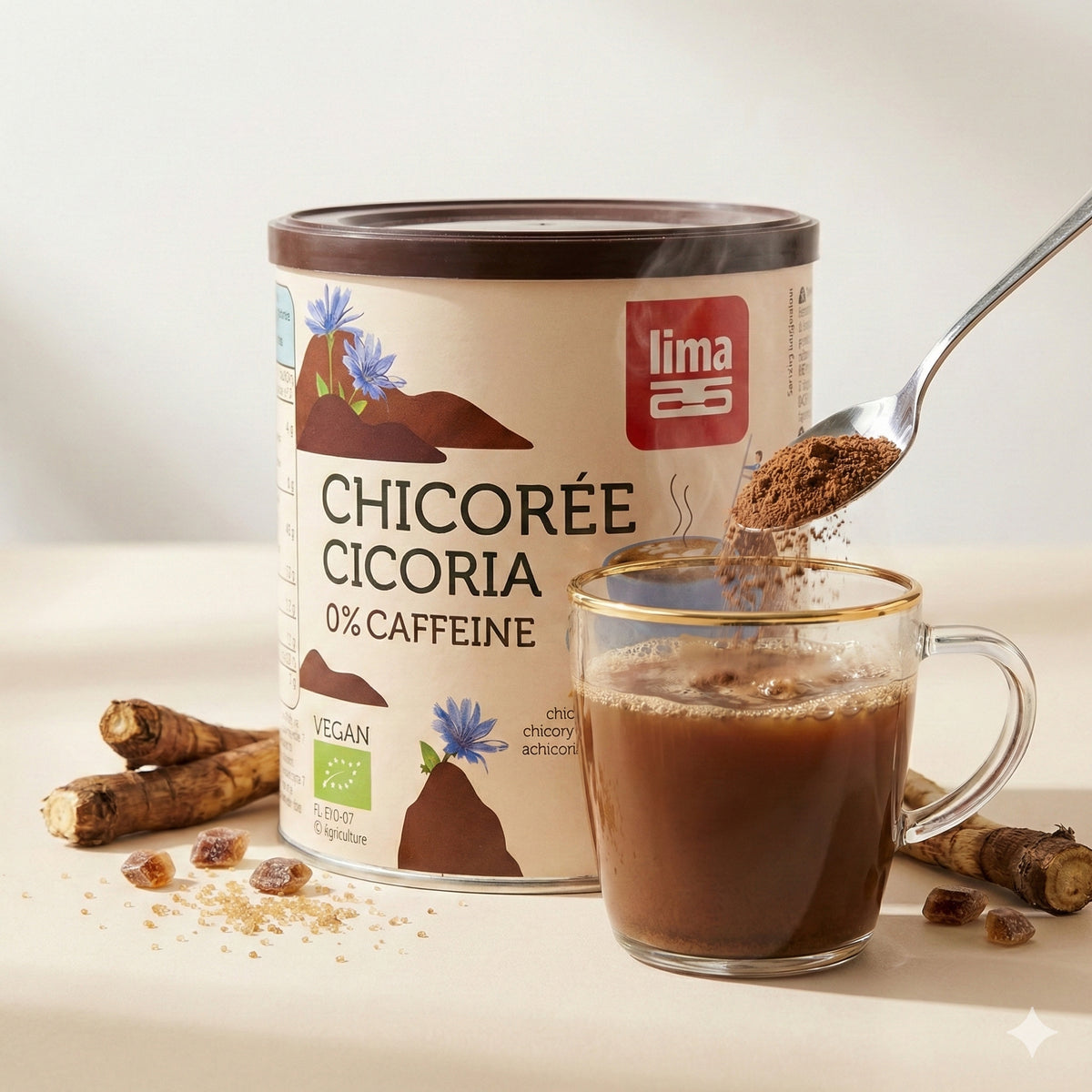 Lima Chichoreé Cicoria Instant Frühstück, 100g, zeigt eine Schale mit gerösteter Chicorée für einen aromatischen Start in den Tag