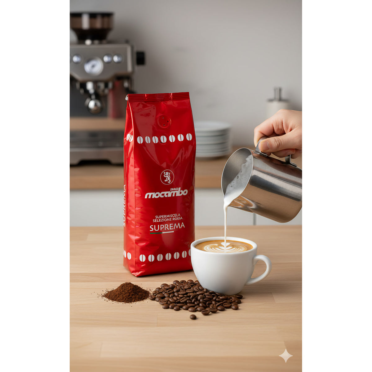 Mocambo Suprema Kaffeebohnen im 1-kg-Pack, ideale Frühstücksbohnen, braune Kaffeebohnen in einer Verpackung.