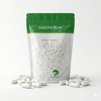 Standbeutel mit grün-weißer Aufschrift magnesium pur, gefüllt mit weißen citrat kapseln, einige kapseln liegen davor auf weißem Untergrund.