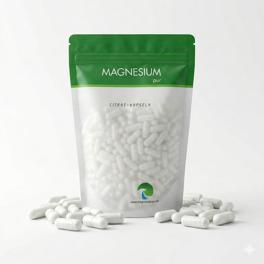 Standbeutel mit grün-weißer Aufschrift magnesium pur, gefüllt mit weißen citrat kapseln, einige kapseln liegen davor auf weißem Untergrund.