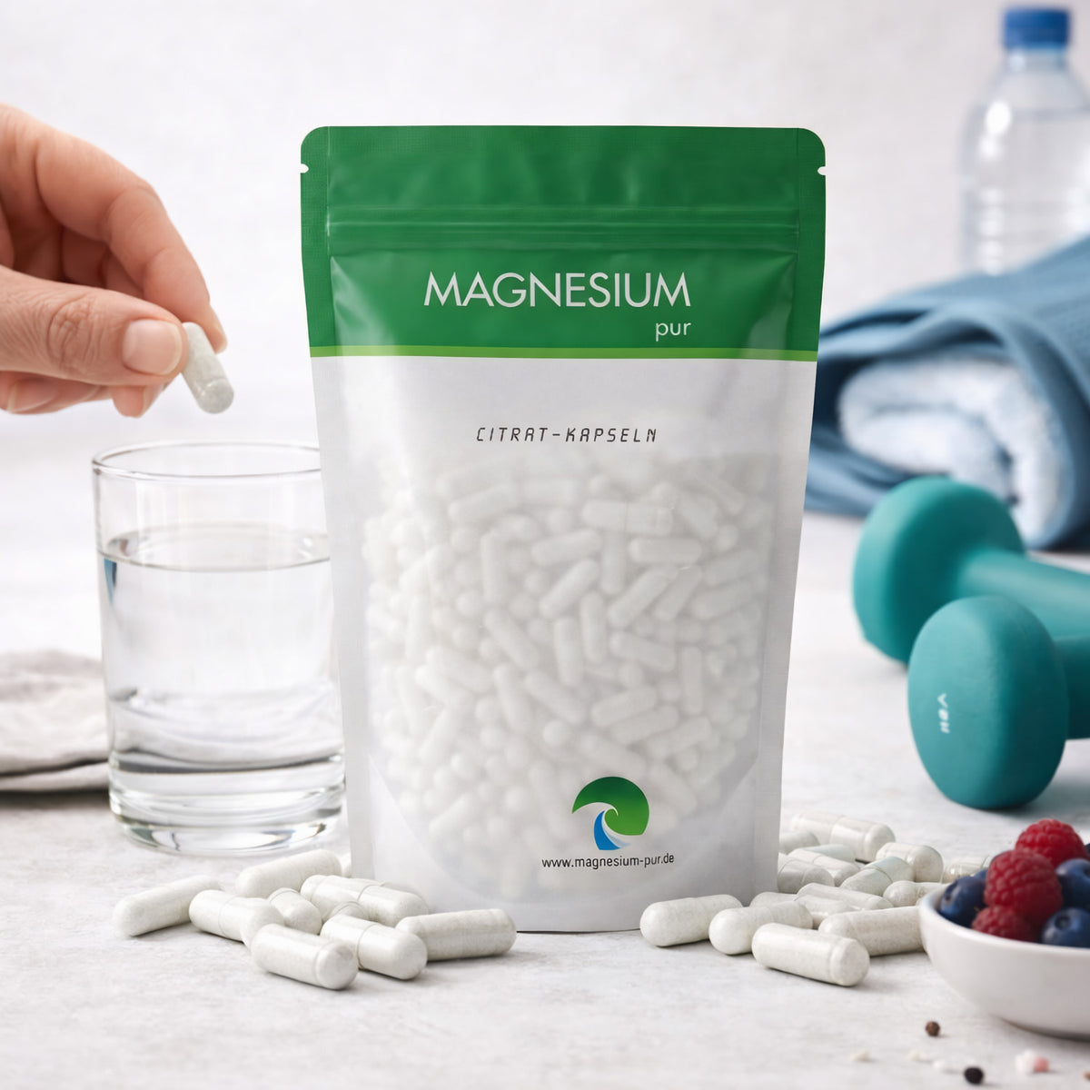 Hand hält eine magnesium kapsel über ein Glas Wasser, daneben der geöffnete Beutel citrat kapseln, im Hintergrund Hanteln, Handtuch und Beeren.