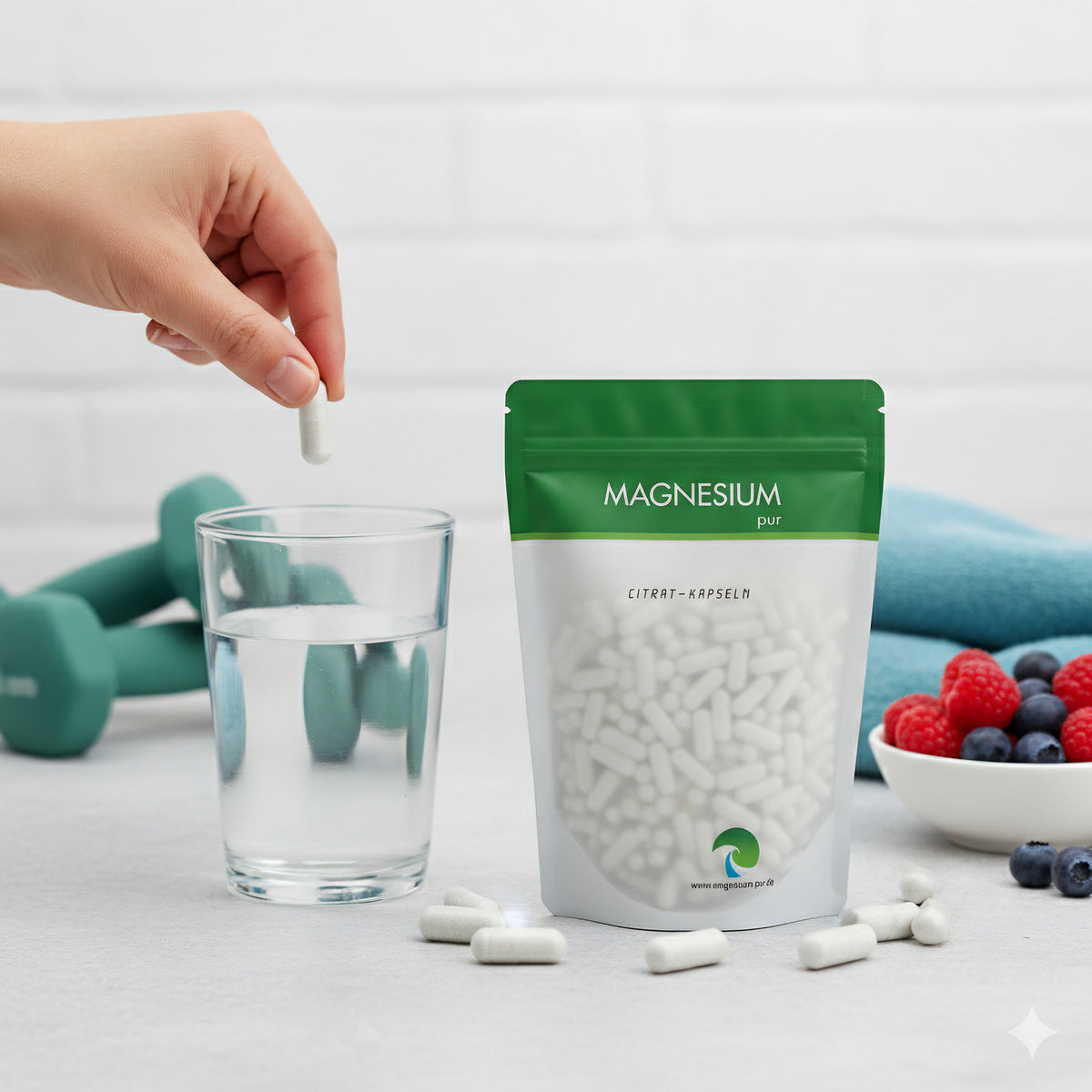 Hand hält eine einzelne magnesium kapsel über ein Glas Wasser, daneben der Beutel citrat kapseln, Hanteln und eine Schale mit beeren im Hintergrund.