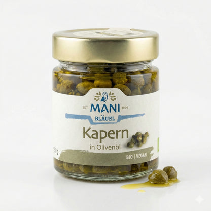 Mani ΜΑΝΙ Kapern in Olivenöl, Bio, 2x180g, gekocht in einem Glas mit Kapern und Olivenöl sichtbar