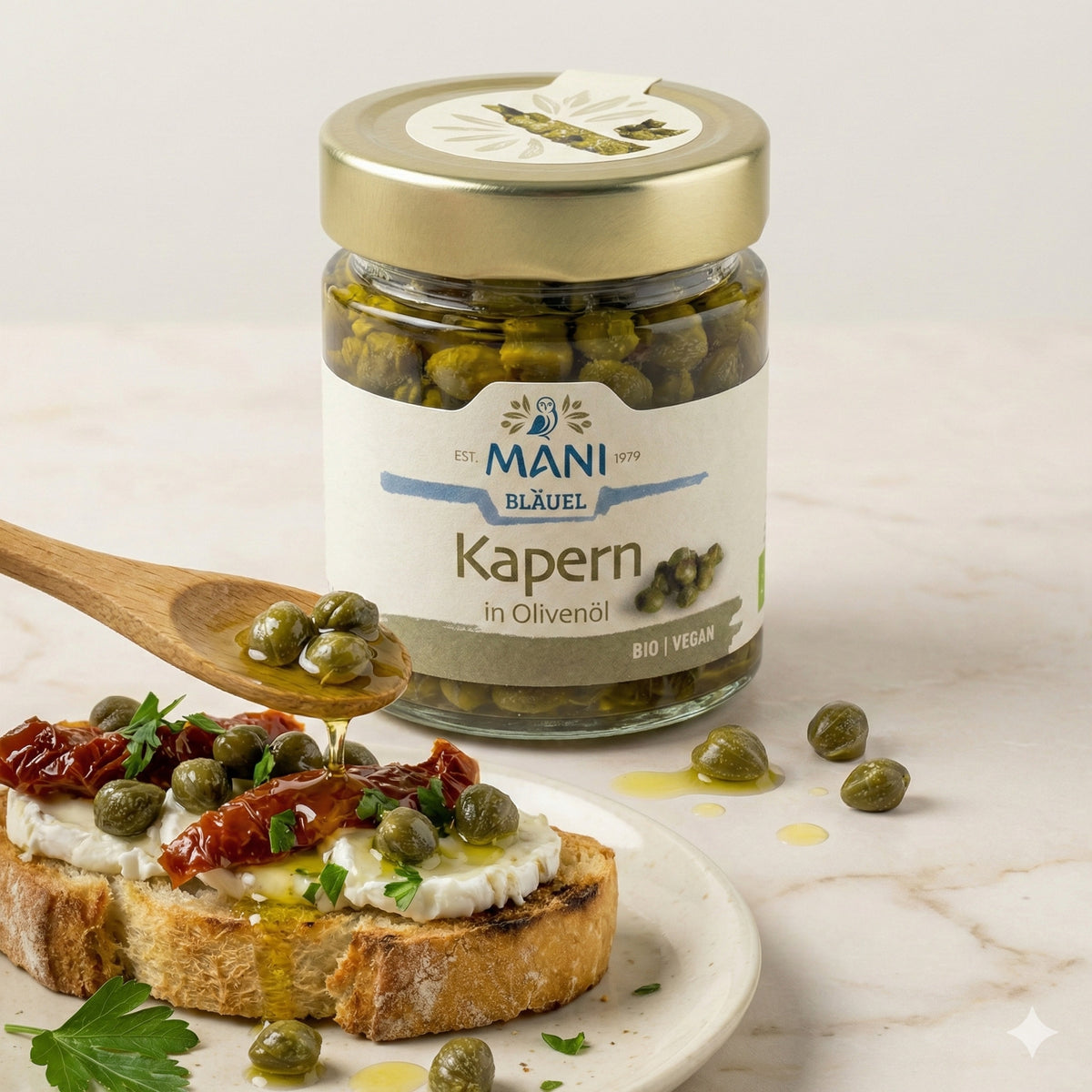 Bio Kapern in Olivenöl von Mani Mani, zwei Gläser à 180g, für Kochrezepte, natürliche Zutat für mediterrane Gerichte