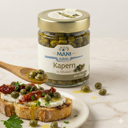 Bio Kapern in Olivenöl von Mani Mani, zwei Gläser à 180g, für Kochrezepte, natürliche Zutat für mediterrane Gerichte