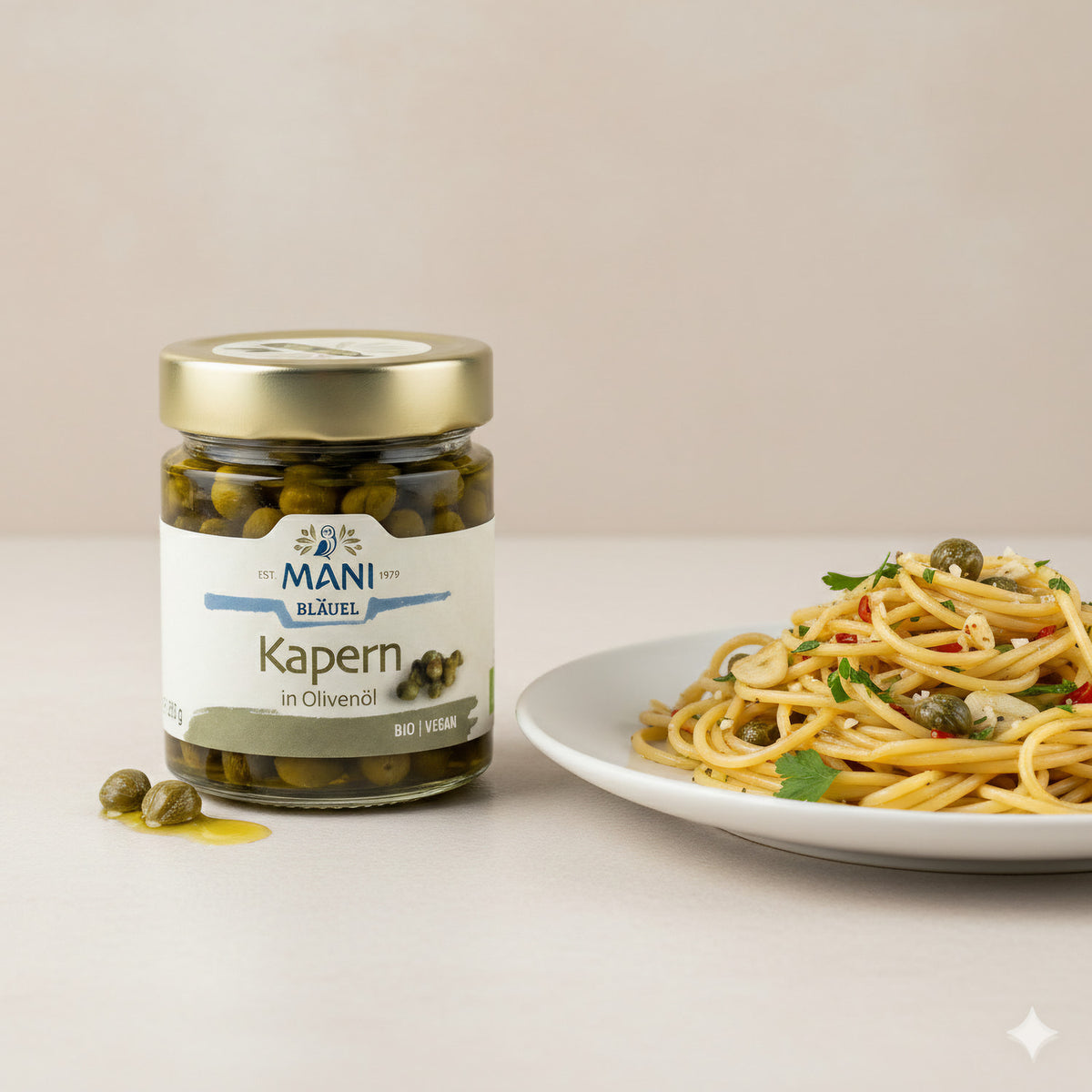 Mani ΜΑΝΙ Kapern in Olivenöl, Bio, 2x180g, für Kochen, in Glasbehältern, hochwertiges italienisches Produkt