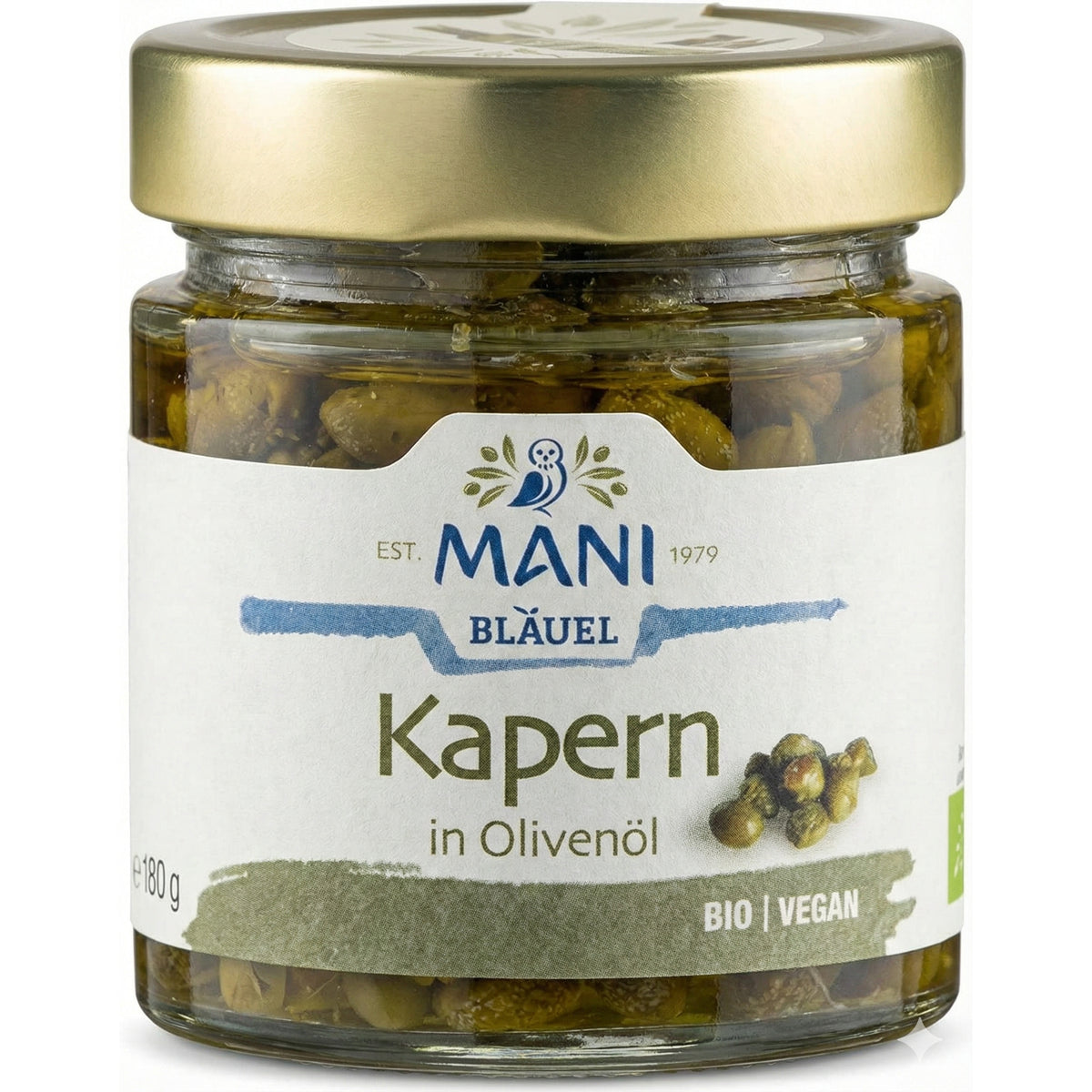Bio-Kapern in Olivenöl von Mani Mani, 2x180g, ideal zum Kochen, sichtbar in der Dose mit Kapern und Olivenöl.