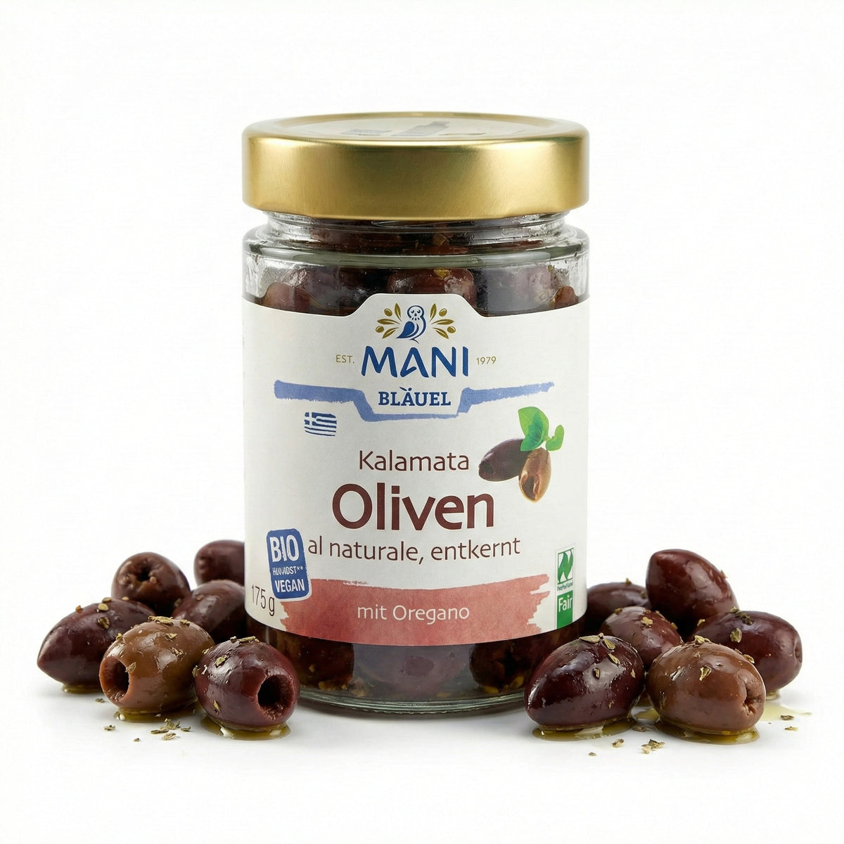 Mani ΜΑΝΙ Kalamata Oliven, bio, entkernt, naturbelassen, in einer Schüssel, für Kochen, 3 x 175 g