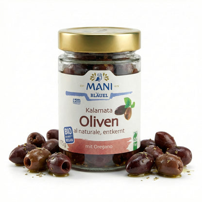 Mani ΜΑΝΙ Kalamata Oliven, bio, entkernt, naturbelassen, in einer Schüssel, für Kochen, 3 x 175 g