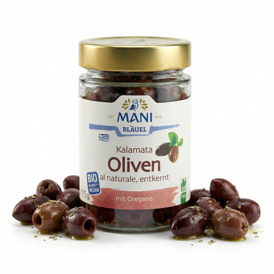 Mani ΜΑΝΙ Kalamata Oliven, bio, entkernt, naturbelassen, in einer Schüssel, für Kochen, 3 x 175 g