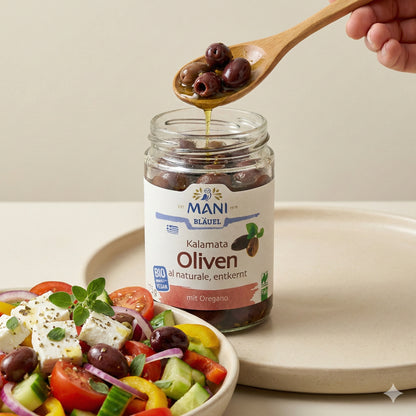 Mani ΜΑΝΙ Kalamata-Oliven, bio, entkernt, al naturale, in einer Schüssel für die Küche, 3 x 175 g
