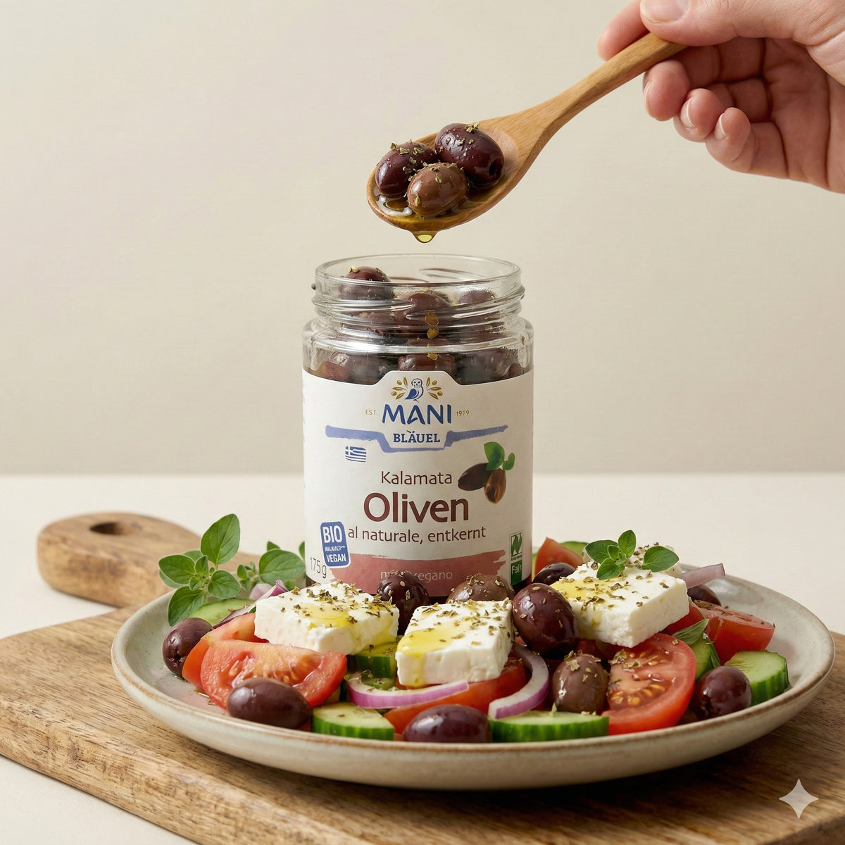 Mani ΜΑΝΙ Kalamata Oliven, bio, entkernt, naturbelassen, für Kochen, in Dose, 3 x 175 g
