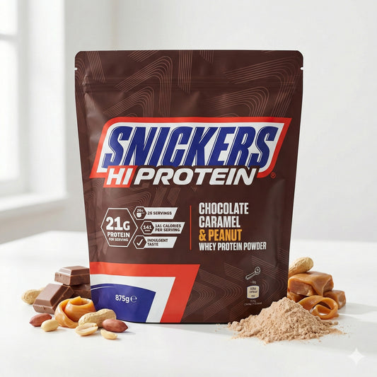 Snickers proteinpulver 875g Beutel auf einem Tisch, umgeben von Schokolade, Erdnüssen, Karamell und einem Pulverhaufen.