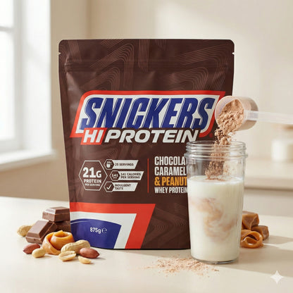 Snickers proteinpulver 875g Beutel mit einem Glas Milch, in das mit einem Messlöffel Proteinpulver gegeben wird, daneben Schokolade, Erdnüsse und Karamell.