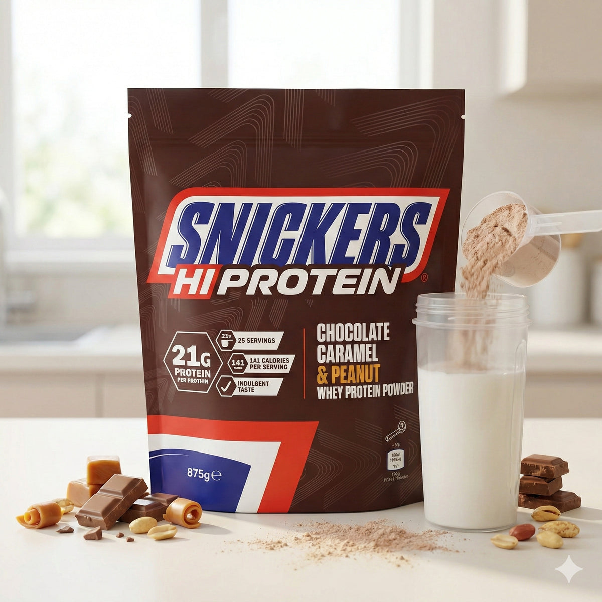Snickers protein shake mit 875g Beutel, ein Messlöffel Proteinpulver wird in ein Glas Milch gegeben, umgeben von Karamell, Schokolade und Erdnüssen.