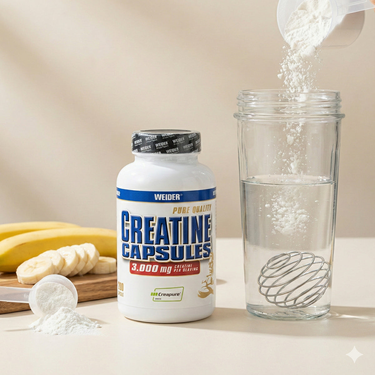 Weider Creatine Caps Dose neben einem Glas Wasser, in das Pulver eingerührt wird, mit Bananenscheiben und Messlöffel im Vordergrund.