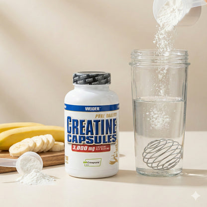 Weider Creatine Caps Dose neben einem Glas Wasser, in das Pulver eingerührt wird, mit Bananenscheiben und Messlöffel im Vordergrund.
