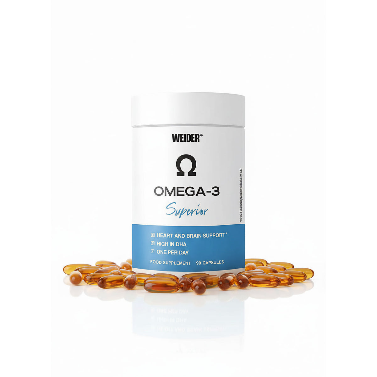 Weider Omega-3 Kapseln, Nährstoffe, 90+ Kapseln, Nahaufnahme der gelben Kapseln in einer weißen Packung