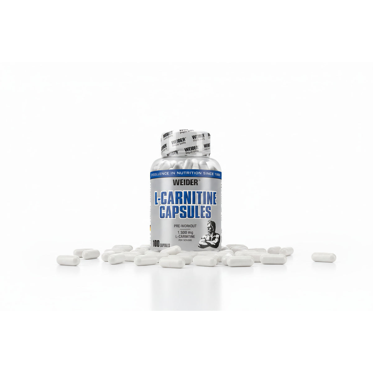 Hochdosierte Weider L-Carnitin Kapseln, Amino Kapseln, 100 Stück, in einer transparenten Dose mit blauer Beschriftung.