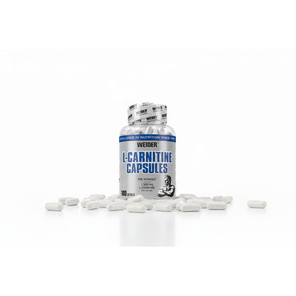 Hochdosierte Weider L-Carnitin Kapseln, Amino Kapseln, 100 Stück, in einer transparenten Dose mit blauer Beschriftung.