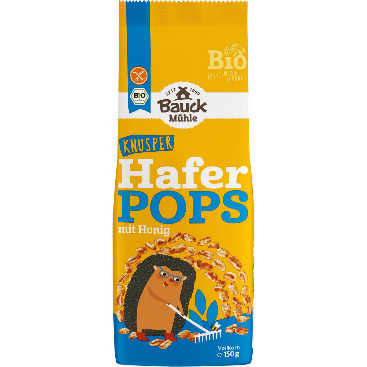 Vorderansicht der Bauckhof Haferpops mit Honig Packung, gelb-blaues Design mit Igel-Illustration, Produktname und glutenfrei Hinweis gut lesbar.