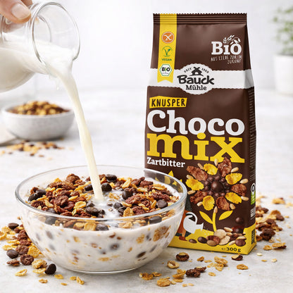 Schokomüsli von Bauck Mühle in einer Glasschale mit Milch, daneben die Packung Knusperfrühstück Zartbitter glutenfrei.