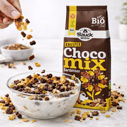 Hand streut Bauckhof Knuspermüsli Zartbitter glutenfrei in eine Schale mit Milch, Packung steht daneben.