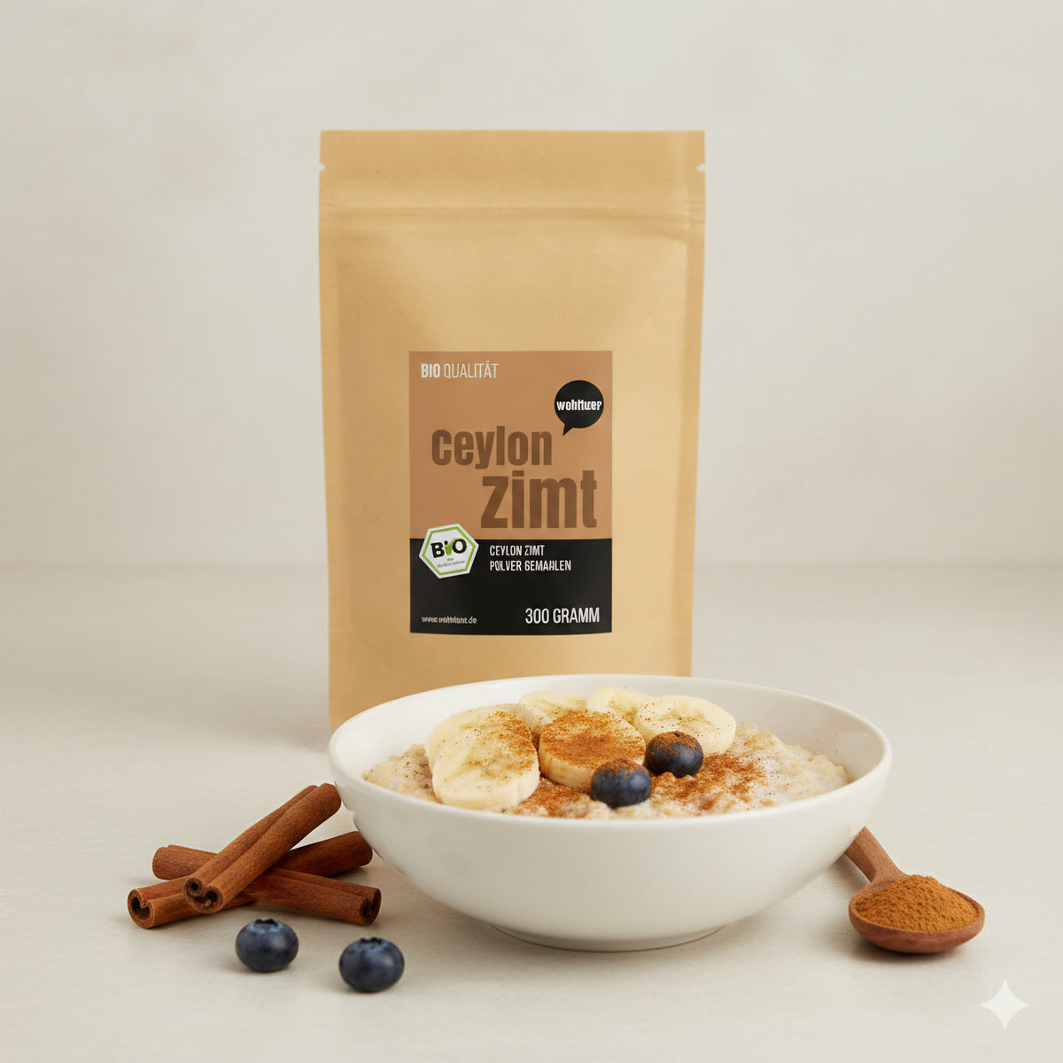 Bio Ceylon Zimt von Wohltuer in einer Packung, feines Gewürz für Backen und Kochen, sichtbar in der Verpackung