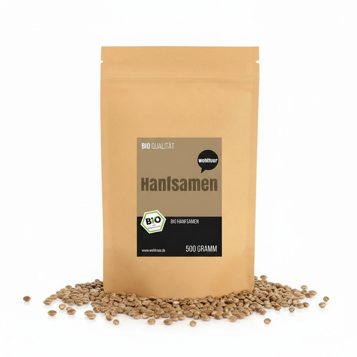 Ungeschälte Bio Hanfsamen von Wohltuer, Superfood, 1000g, in einer transparenten Schüssel auf weißem Hintergrund.
