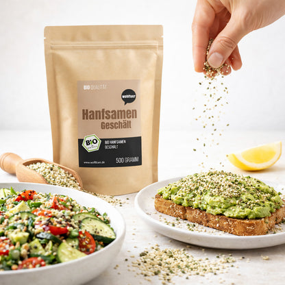 Wohltuer Bio Hanfsamen geschält, Superfood, in einer transparenten Schale, nährstoffreich und geschält, 1000g Packung