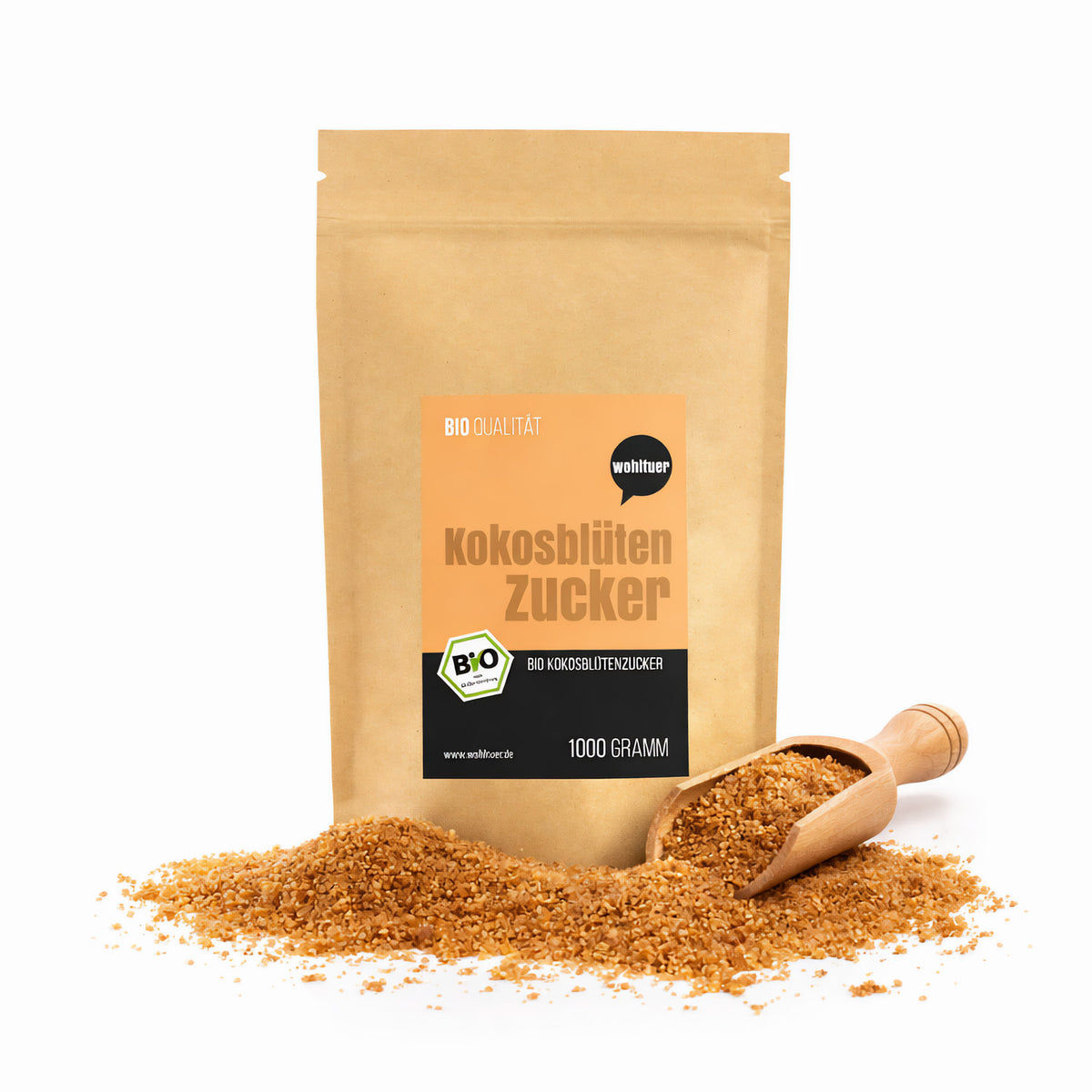 Bio Kokosblütenzucker von Wohltuer, 1000g Packung, ideal zum Backen, braun und kristallin, in einer offenen Verpackung sichtbar