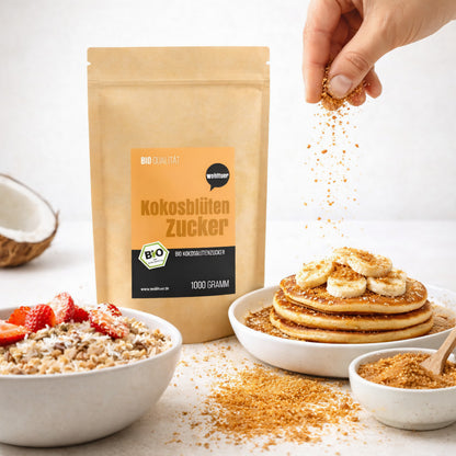 Bio Kokosblütenzucker von Wohltuer in einer 1000g Packung, ideal zum Backen, sichtbare Packung mit Kokosblütenzucker.
